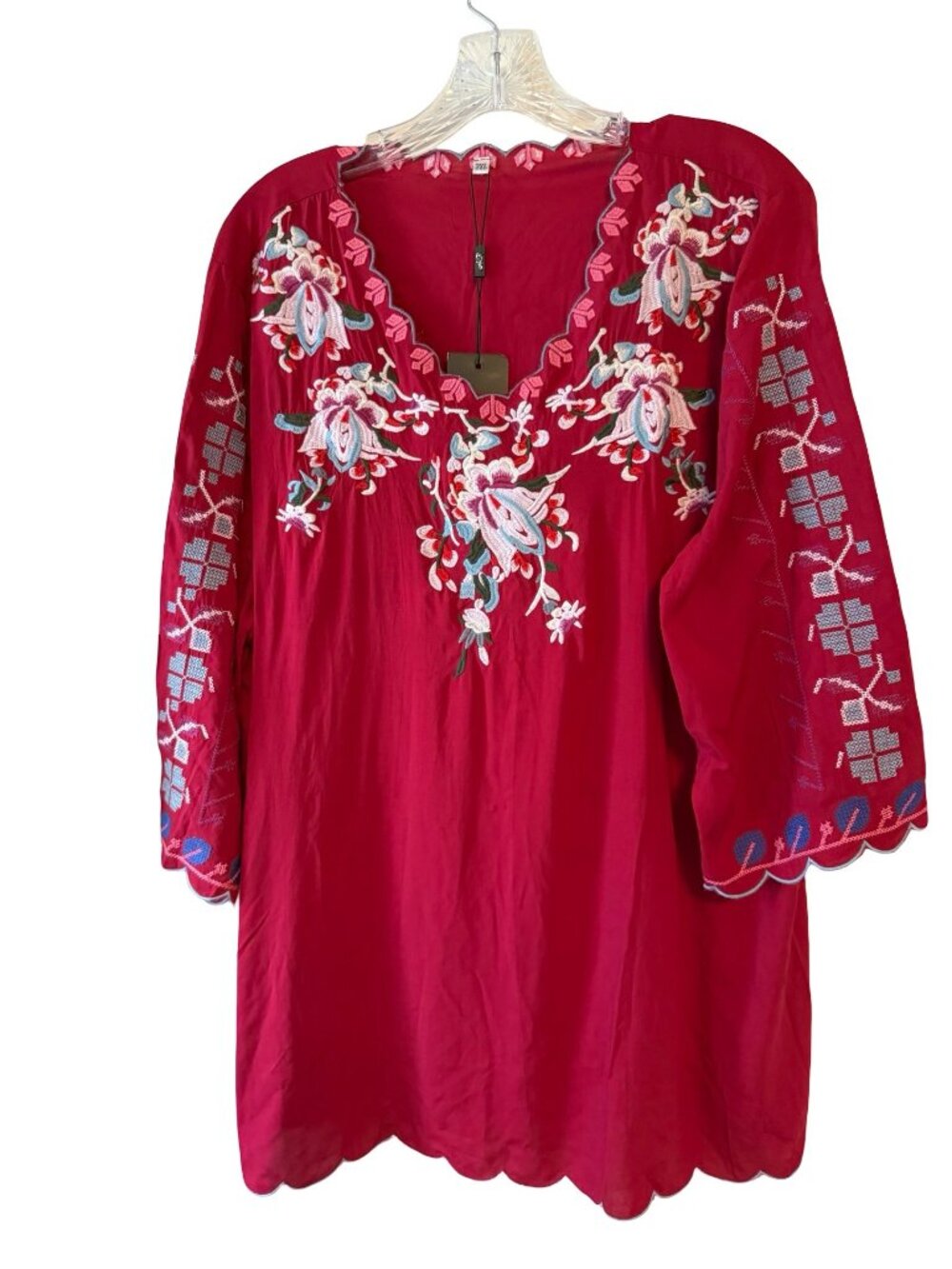 AK Embroidered Rayon Tunic Top 3XL Red Floral Boho Peasant Blouse NWT - Picture 2 of 6